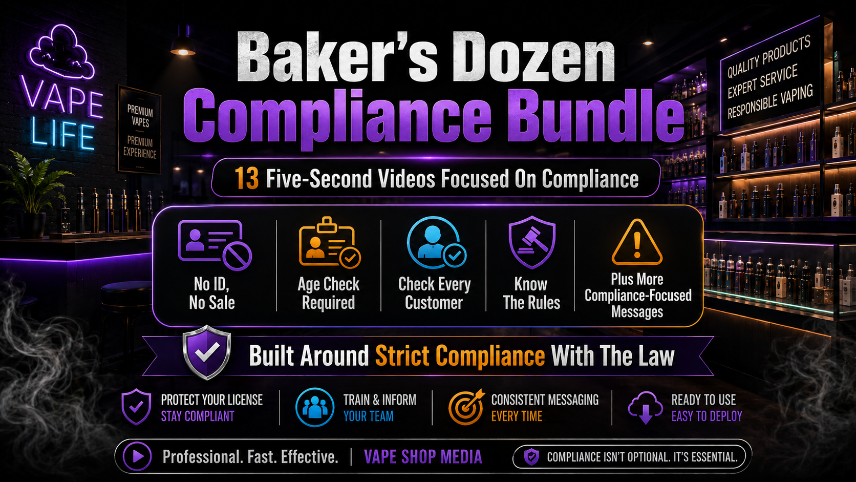 Baker's Dozen Compliance Bundle showcasing 13 five-second videos focused on strict legal compliance, id checks, and team training