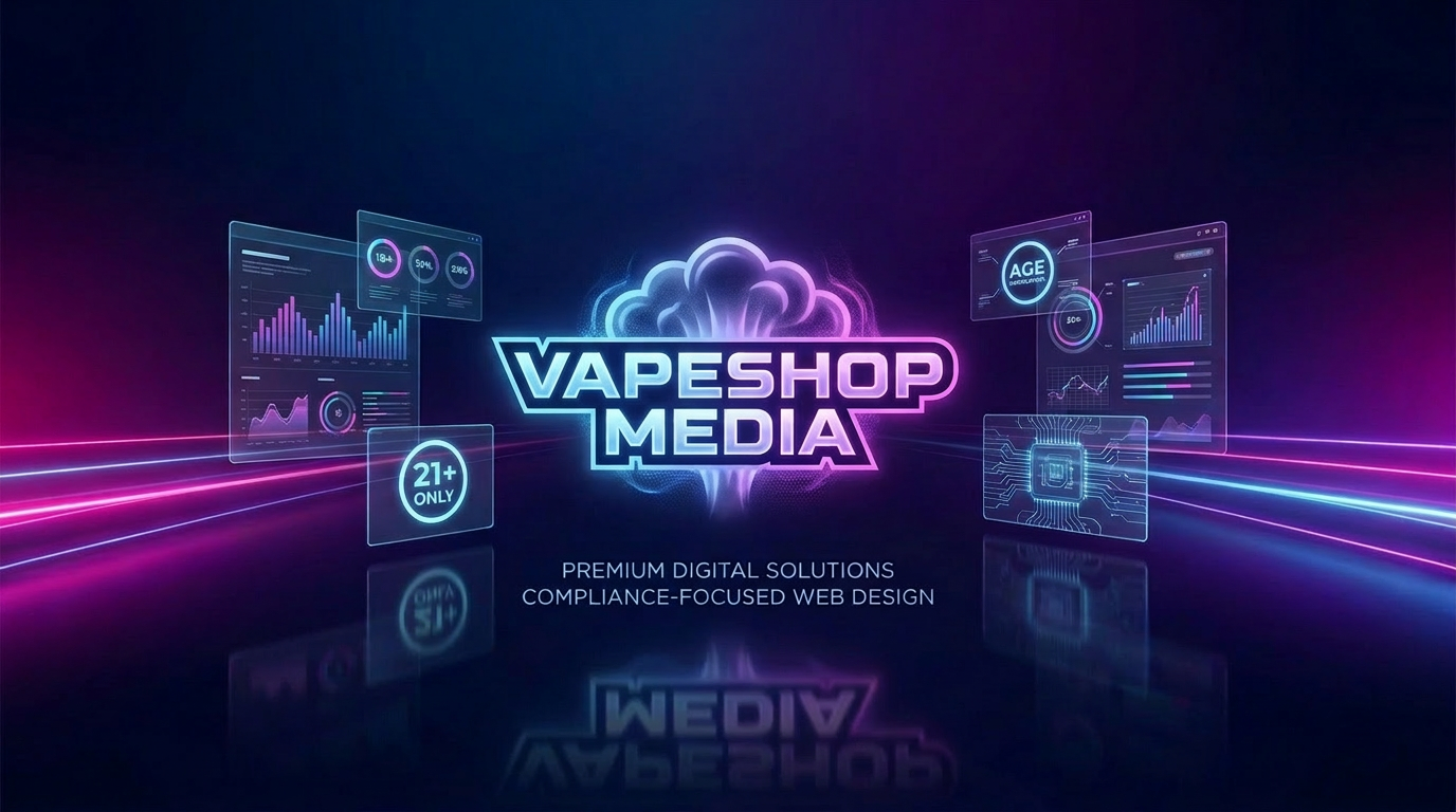 Vape Shop Media neon logo displaying premium digital solutions and compliance focused web design analytics dashboards