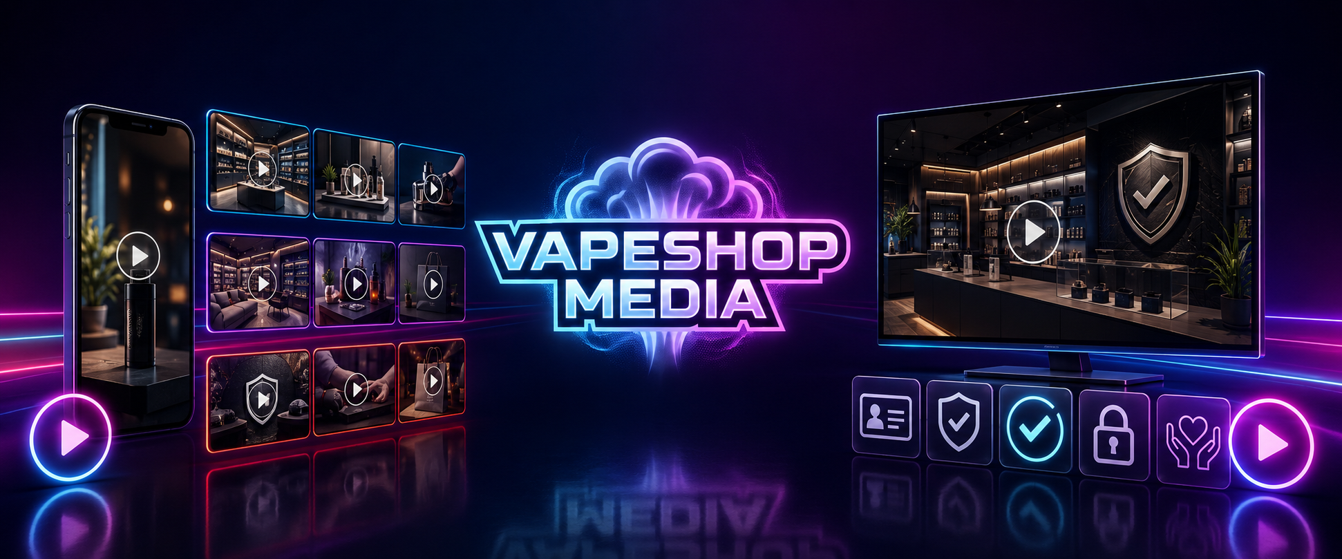 Vape Shop Media logo surrounded by a smartphone, retail display, video thumbnails and responsible-retail compliance icons.